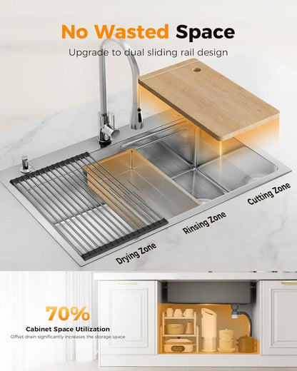 33x22 Inch Stainless Steel Kitchen Sink with Fast Drain, Foldable Grid & Accessories