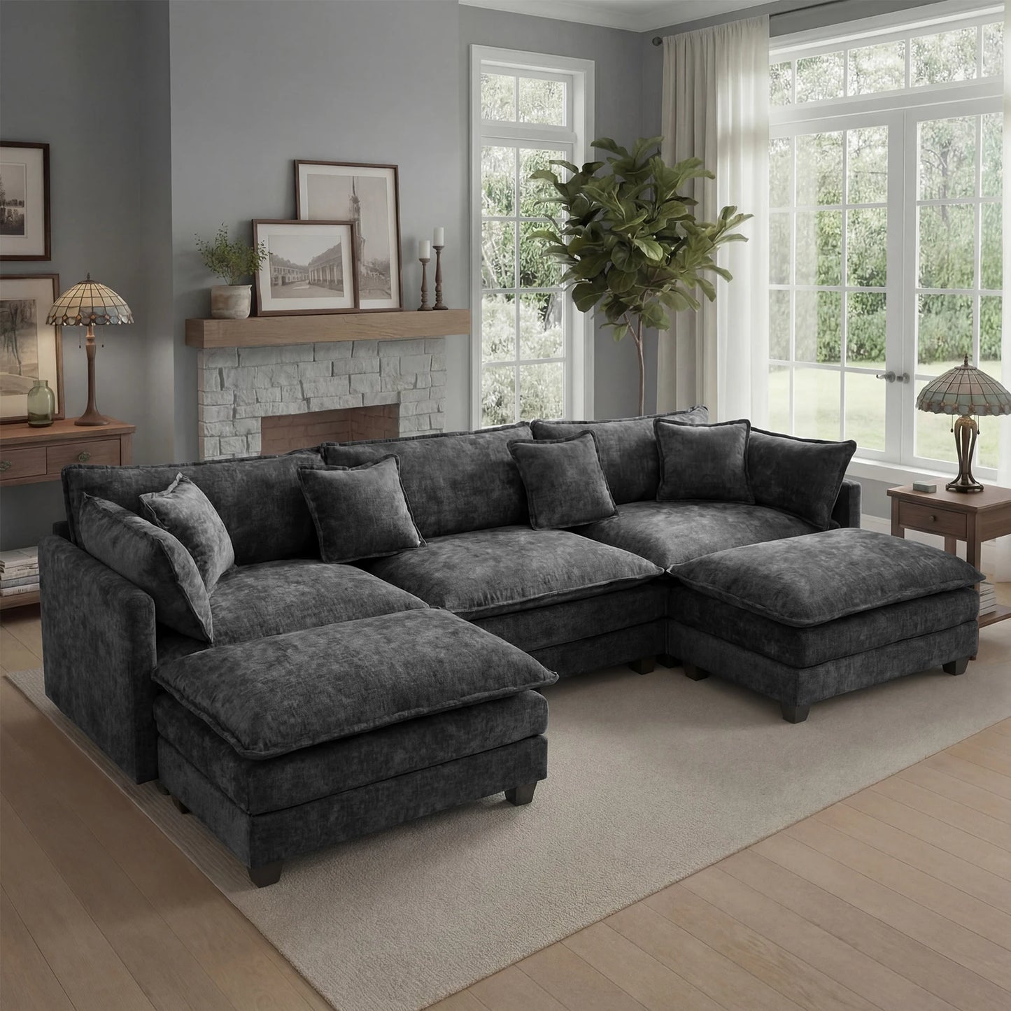 Modular Sectional Sofa with Ottoman, Solid Wood Frame