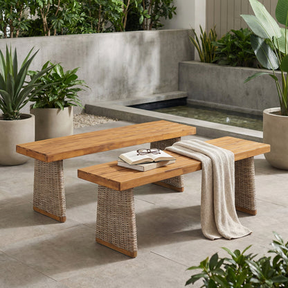 Outdoor Acacia Wood Bench Set of 2
