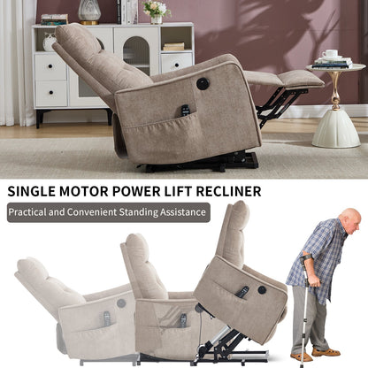 Khaki Chenille Power Lift Recliner Chair with Massage and Heat