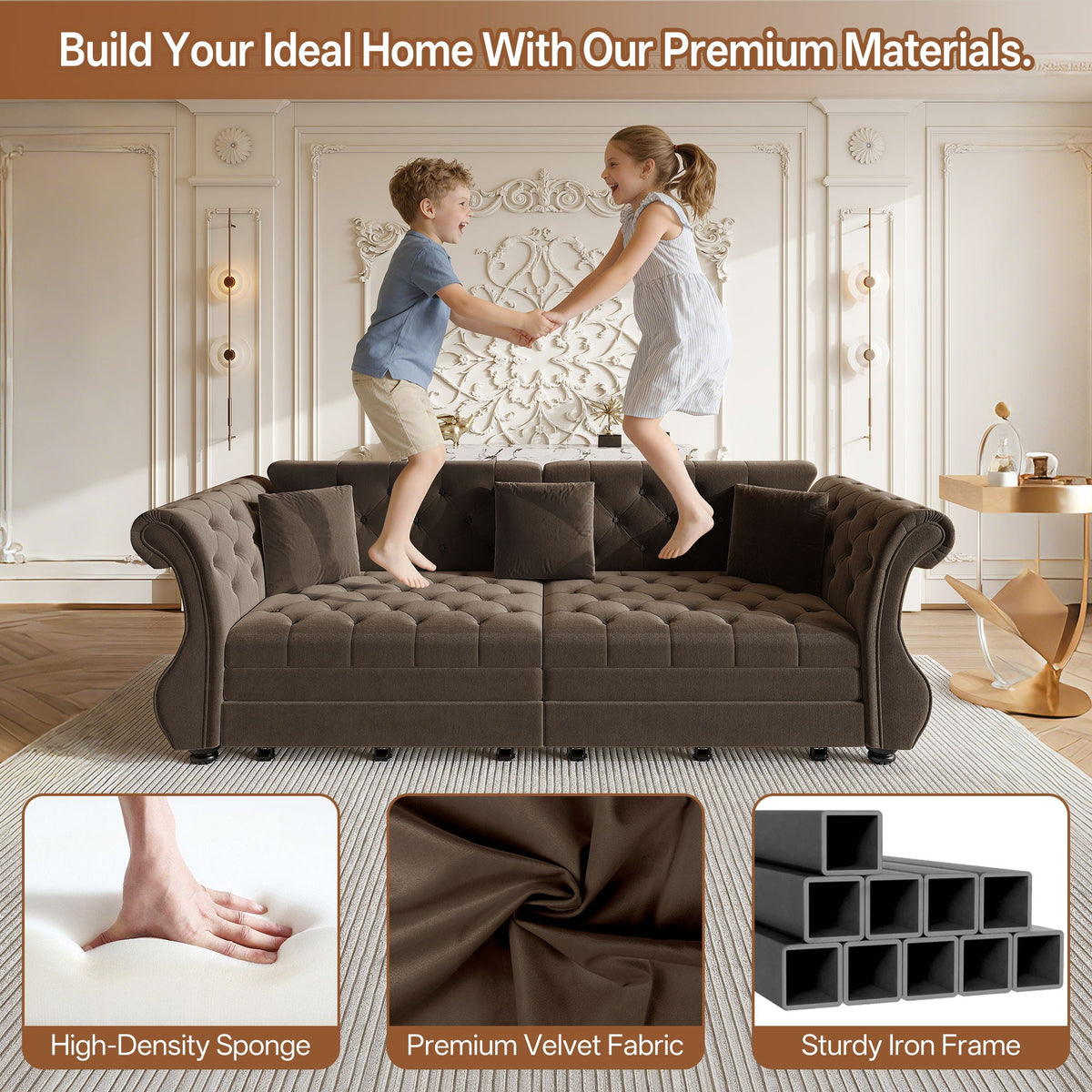 Oversized Chesterfield Pull Out Sofa Bed, Roll Arm Couch With Flower Tufting For Living Room