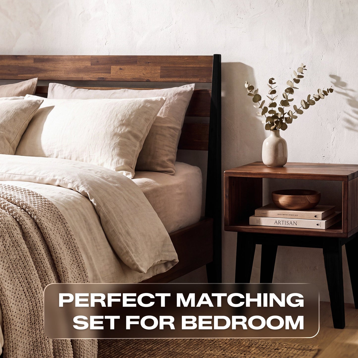 [Buy 1 Get 1] Emery Solid Wood Bed Frame & Nightstand