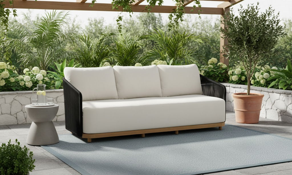 Alpine Teak Wood Outdoor Sofa with Black Rope Design