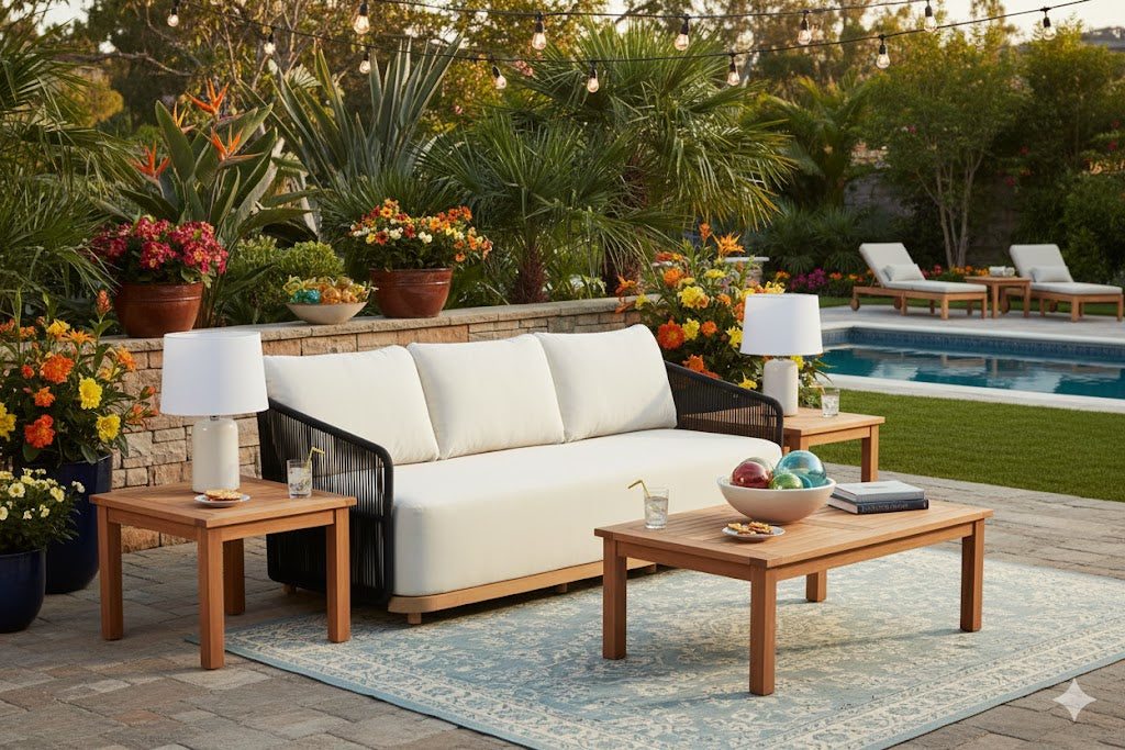 Alpine Teak Wood Outdoor Sofa with Black Rope Design