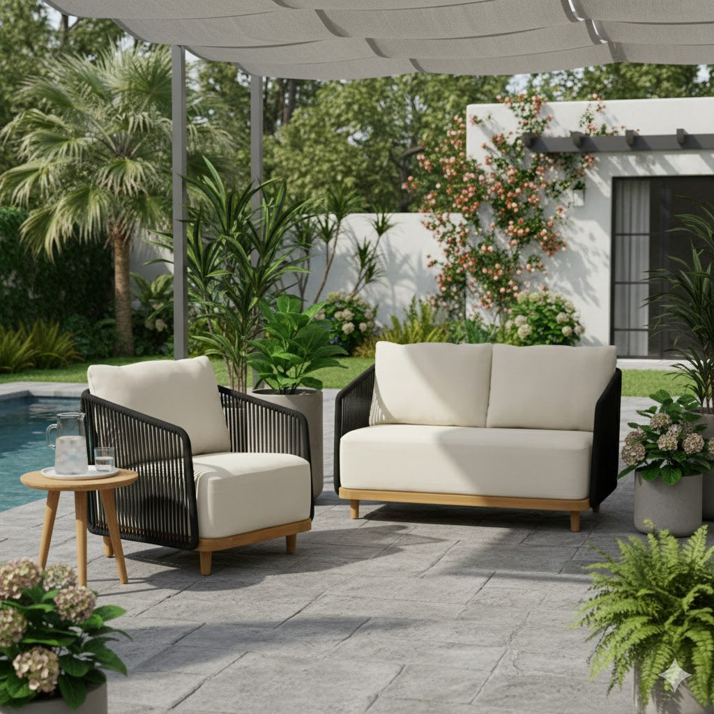 Alpine Teak Wood Outdoor Arm Chair with Black Rope Design
