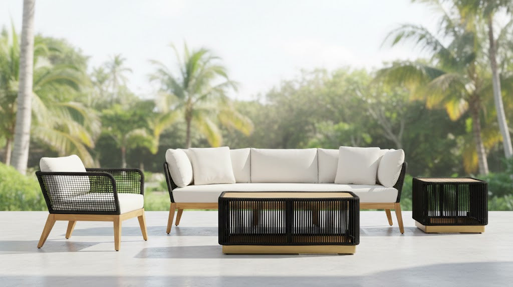 Cypress Teak Wood Sofa Set with Black Rope Design – Modern Outdoor Lounge
