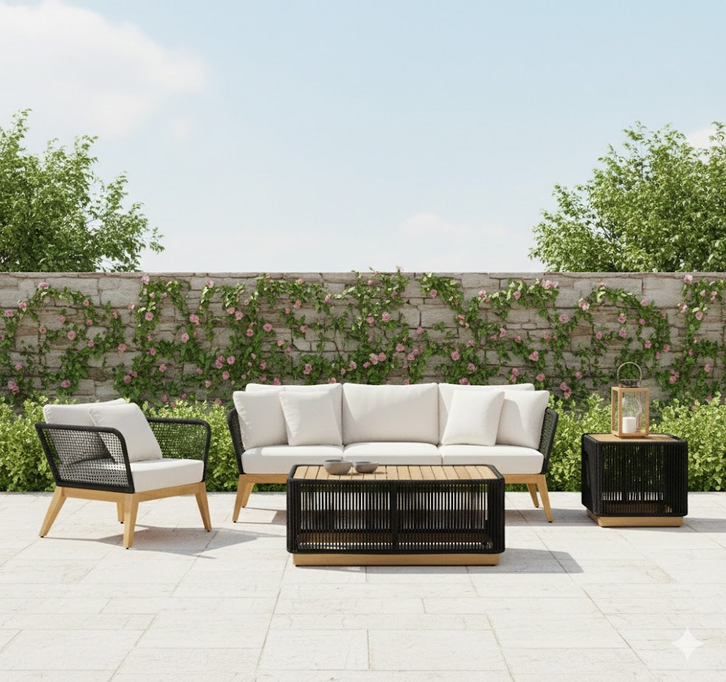 Cypress Teak Wood Sofa Set with Black Rope Design – Modern Outdoor Lounge