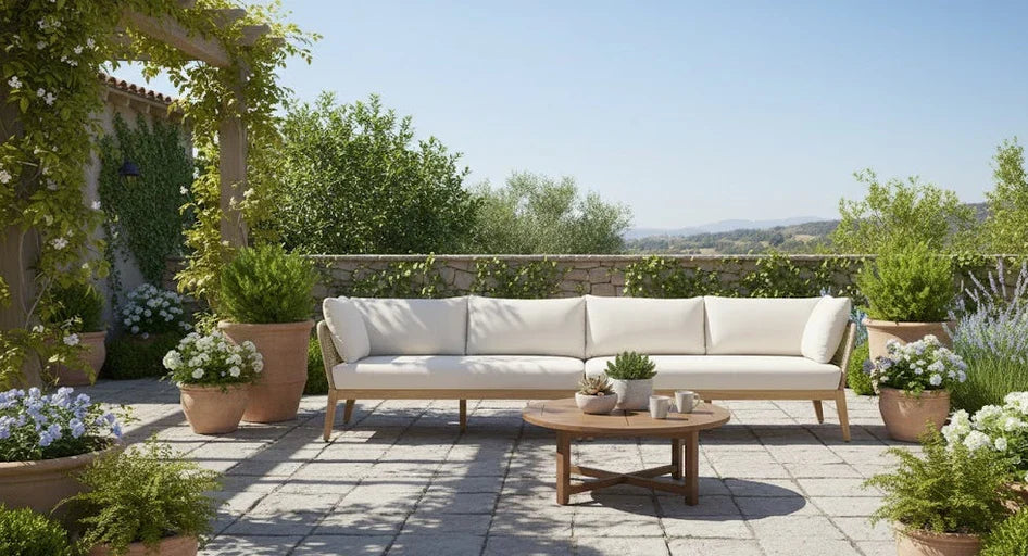 Cypress Teak Wood Sofa Set with Beige Rope Design – Modern Outdoor Lounge