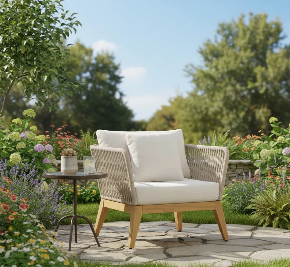 Cypress Teak Wood Sofa Set with Beige Rope Design – Modern Outdoor Lounge