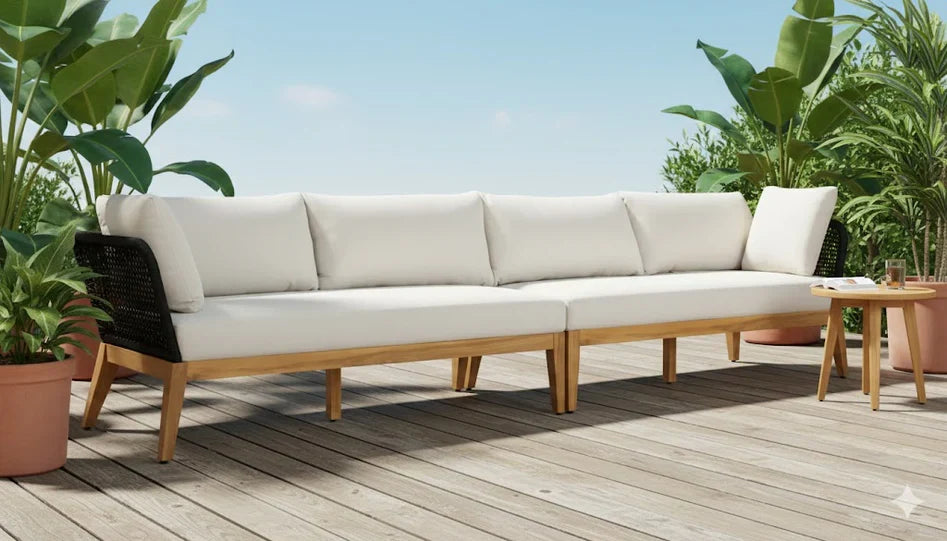 Cypress Teak Wood Sofa Set with Black Rope Design – Modern Outdoor Lounge