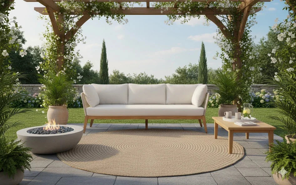 Cypress Teak Wood Sofa Set with Beige Rope Design – Modern Outdoor Lounge
