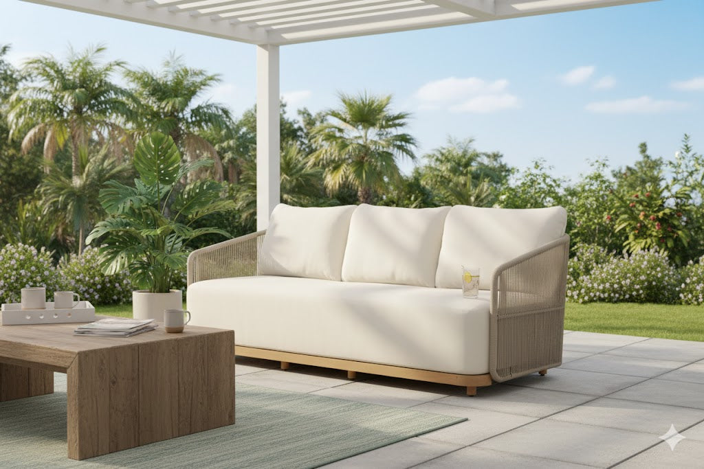 Alpine Teak Wood Outdoor Sofa with Biege Rope Design